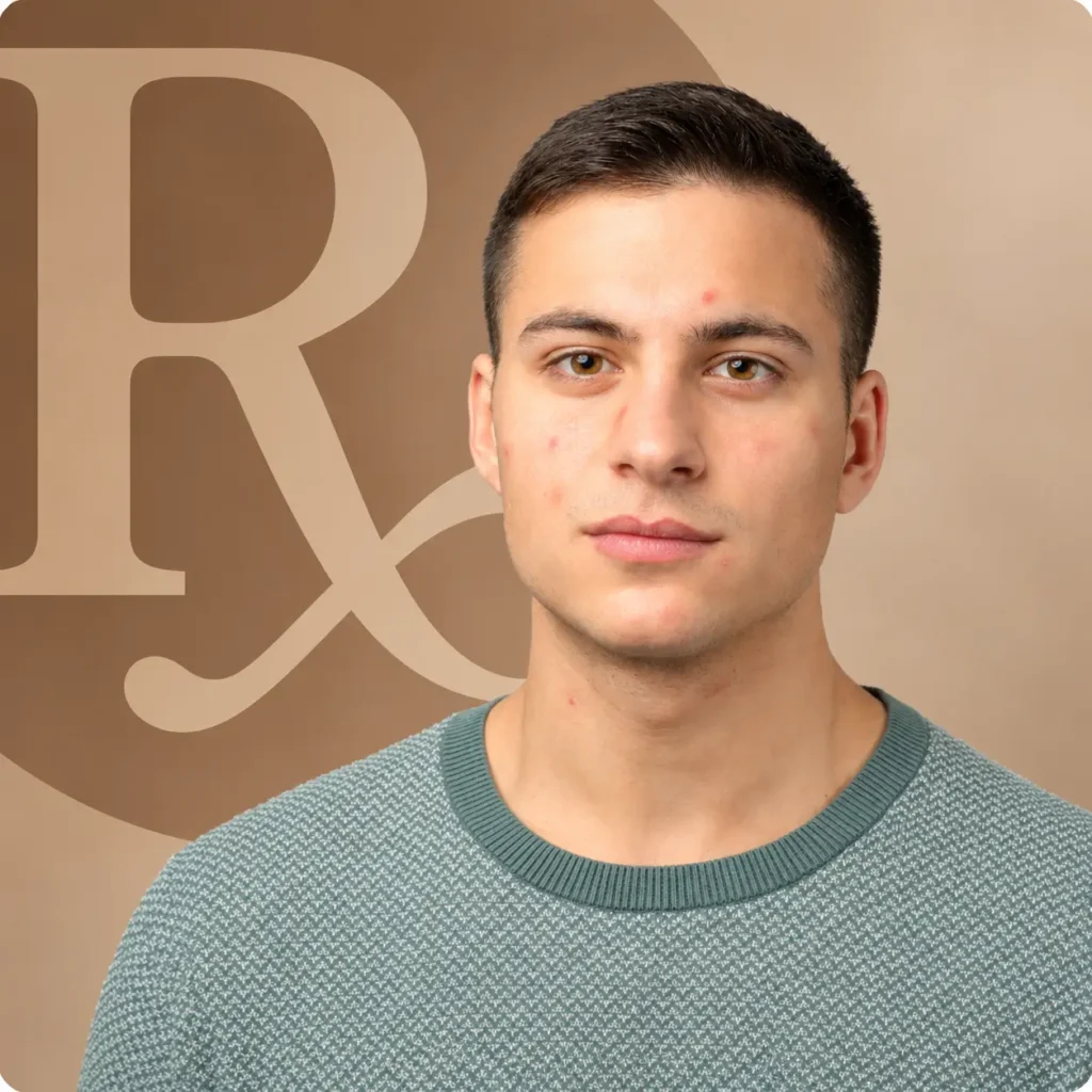 Young man with a few red acne blemishes on his forehead, cheeks, and neck, in a green sweater in front of a large Rx symbol, illustrating topical acne medications