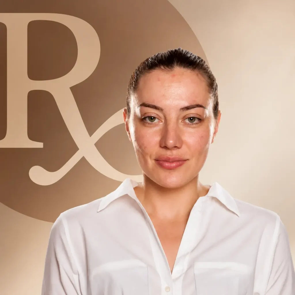 Woman with bare skin showing uneven skin tone and light freckling, in a white collared shirt in front of a large Rx symbol, illustrating hydroquinone for melasma