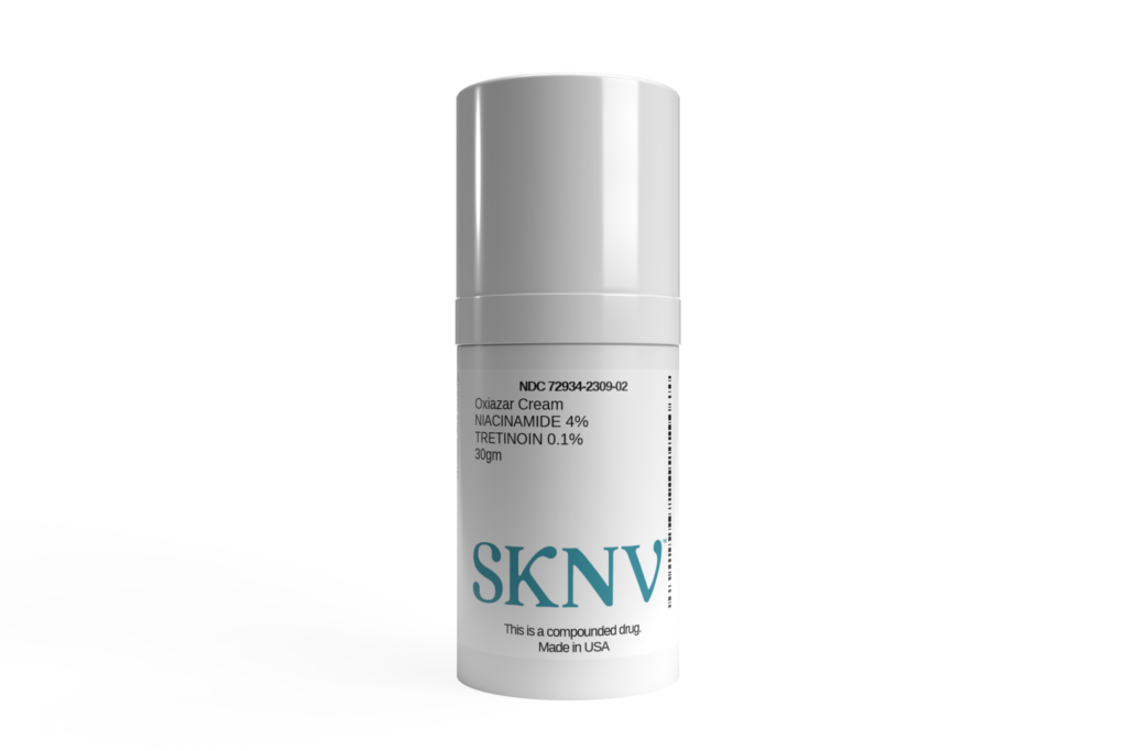 SKNV 30gm pump bottle of Oxiazar Cream for skin treatment an Acne condition.