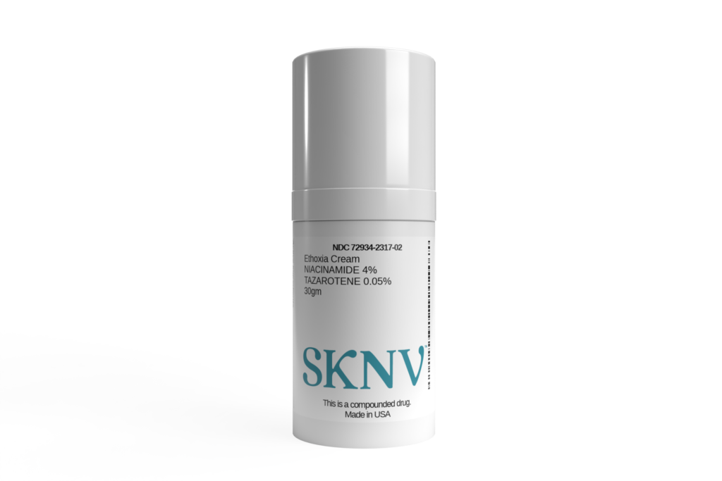 SKNV 30gm pump bottle of Ethoxia Cream for personalized skin treatment.