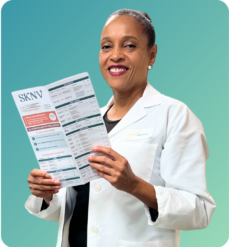 Confident female doctor in white lab coat holding a large SKNV information sheet, promoting customized skincare treatments.