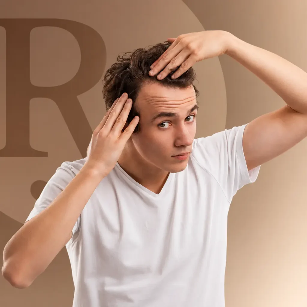 Young man in a white T-shirt checking his hairline for signs of hair loss, in front of a large Rx symbol, illustrating prescription alopecia treatment