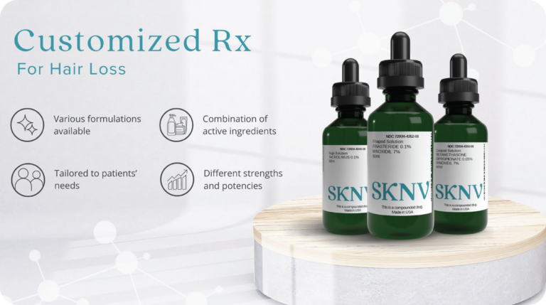 Three bottles of customized SKNV medications on a wooden pedestal, highlighting different formulations for hair loss treatment.