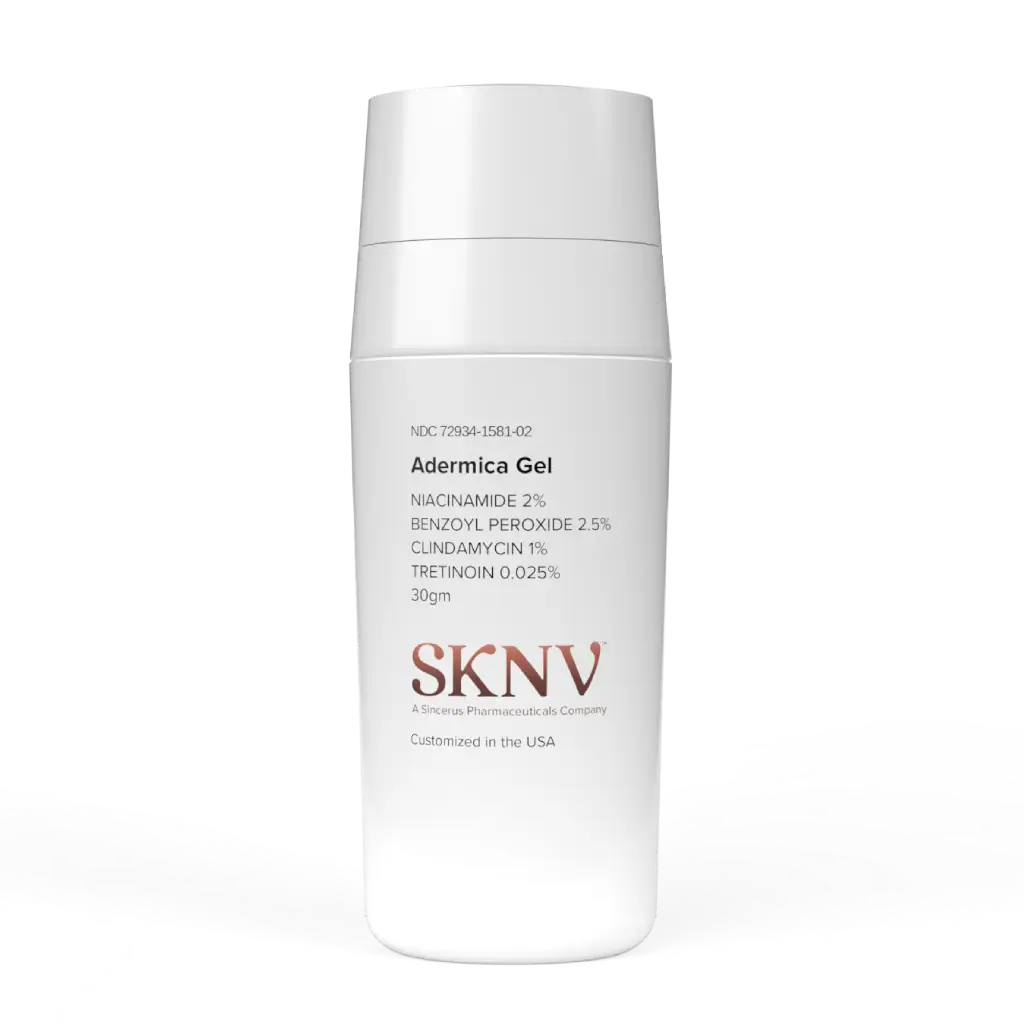 Adermica Gel 30ml airless pump – Benzoyl Peroxide 2.5% Clindamycin 1% Niacinamide 2% Tretinoin 0.025% compounded by SKNV Pharmacy