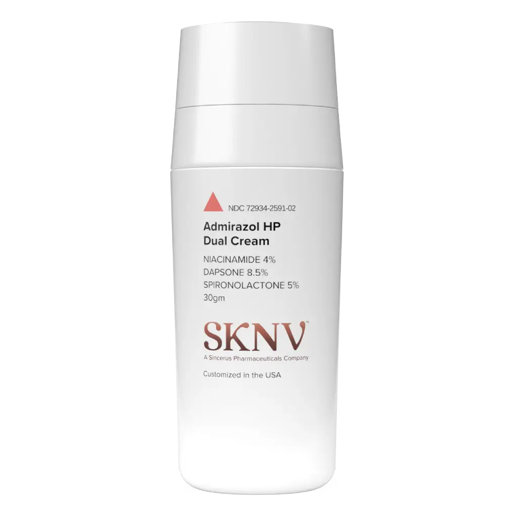 Admirazol HP Dual Cream 30g airless pump – Niacinamide 4% / Dapsone 8.5% / Spironolactone 5% compounded by SKNV