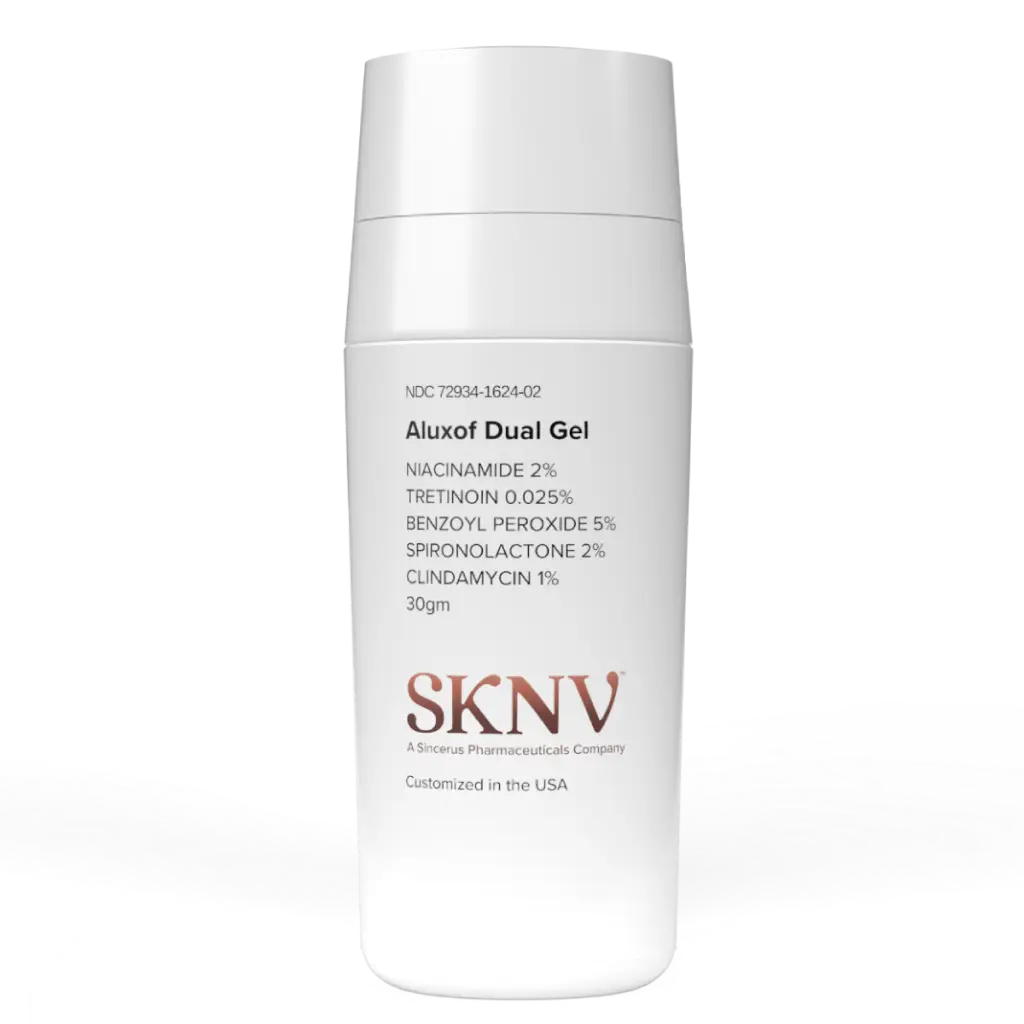 Aluxof DualGel 30mL dual airless bottle — compounded acne treatment with Benzoyl Peroxide 5%, Clindamycin 1%, Niacinamide 2%, Spironolactone 2%, and Tretinoin 0.025%