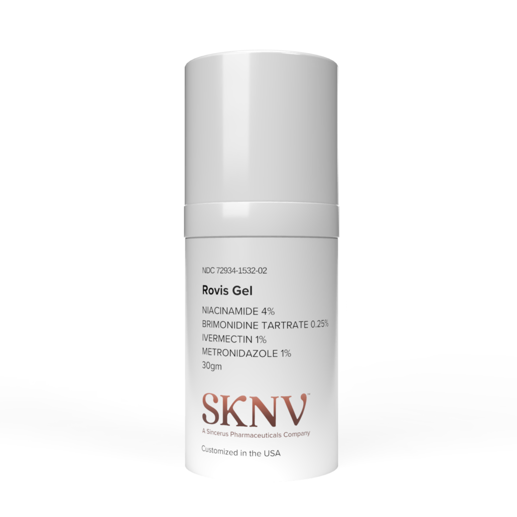 Rovis Gel 30ml airless pump – Brimonidine Tartrate 0.25% Ivermectin 1% Metronidazole 1% Niacinamide 4% compounded by SKNV Pharmacy