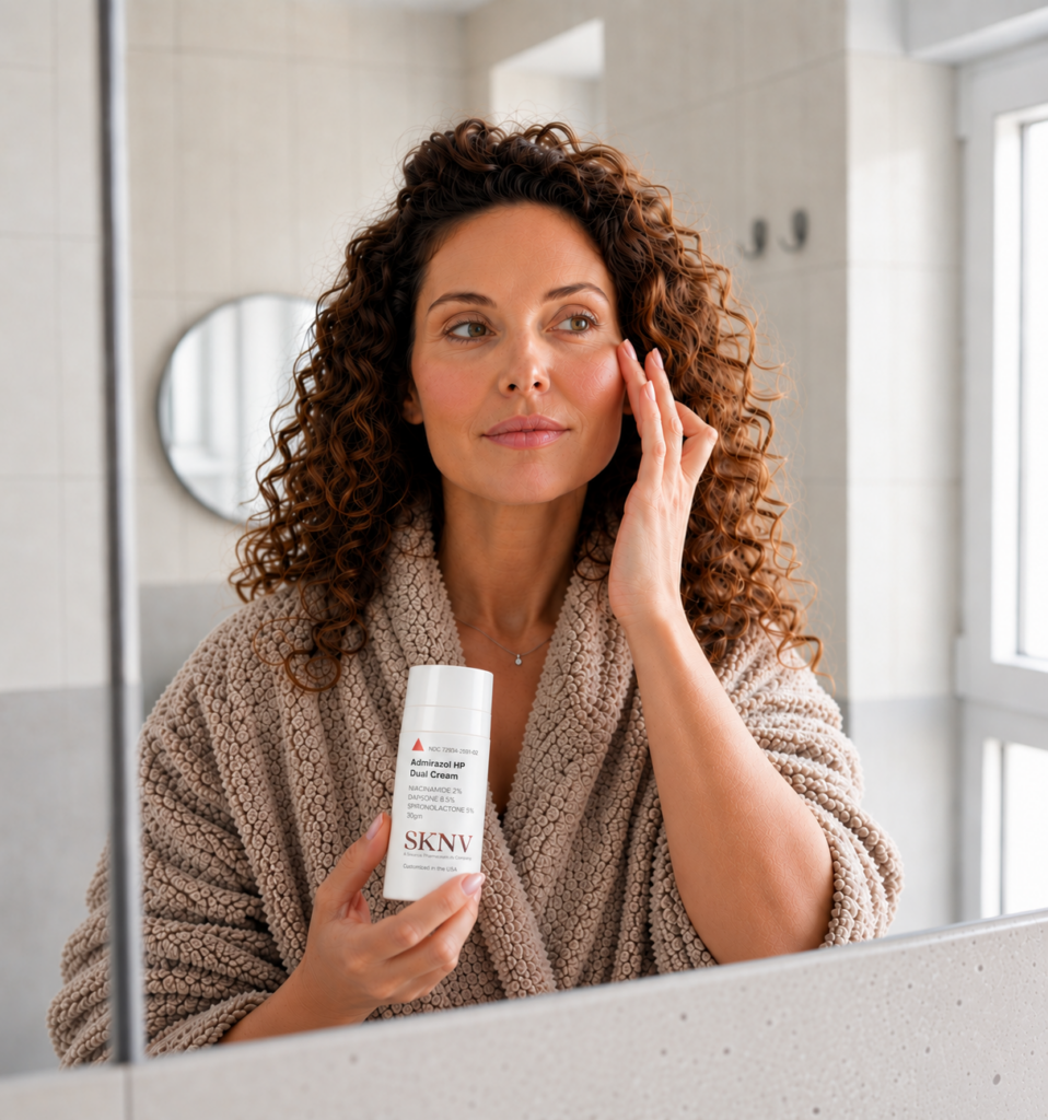 Woman applying Admirazol HP Dual Cream skincare at a bathroom mirror