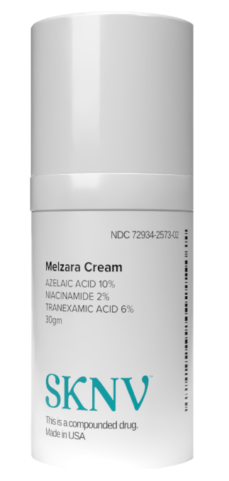 Melzara Cream bottle with SKNV branding, a topical medication containing Tranexamic Acid to treat melasma and improve clarity.