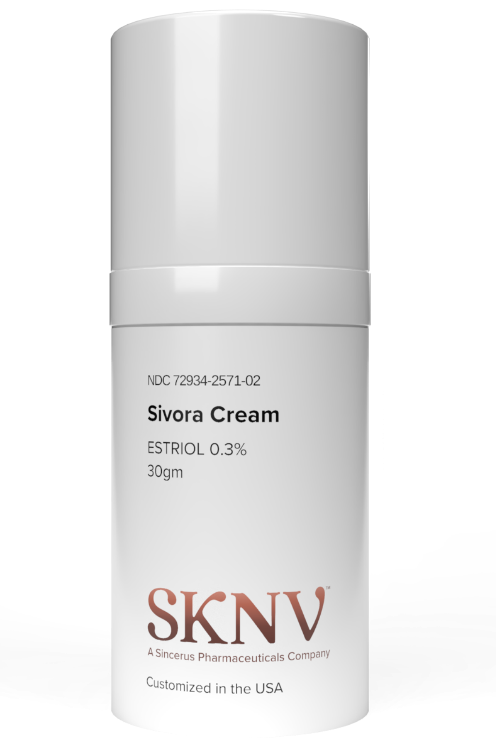 Sivora Cream bottle with SKNV branding, a topical medication featuring Estriol to support hydration and elasticity for anti-aging.
