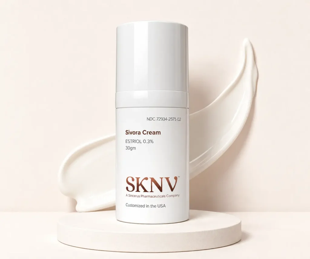 SKNV Sivora Cream bottle with applicator on white platform - estriol-based prescription skincare