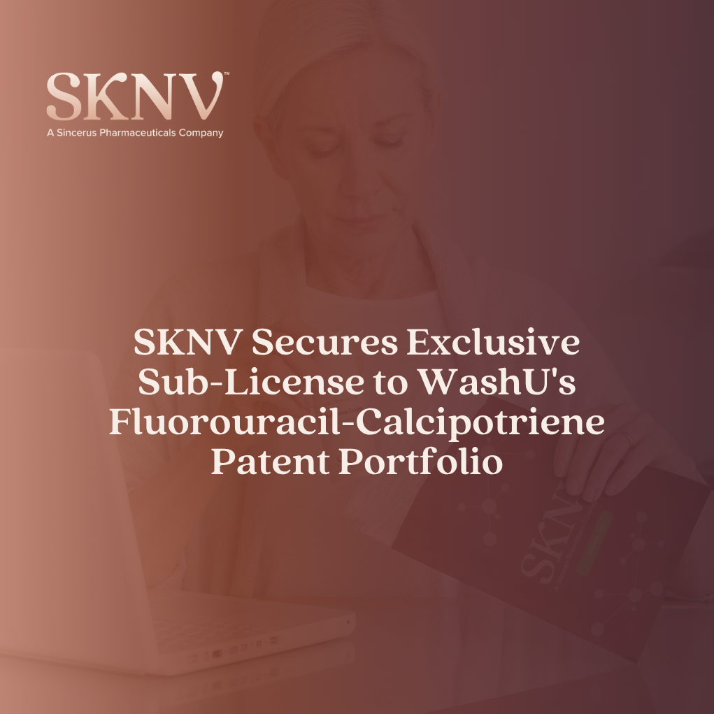 Graphic announcing SKNV's exclusive licensing agreement with Washington University (WashU) for Fluorouracil 5% and Calcipotriene 0.005% cream, featuring a bottle of Kefunova Cream alongside the SKNV and WashU logos.