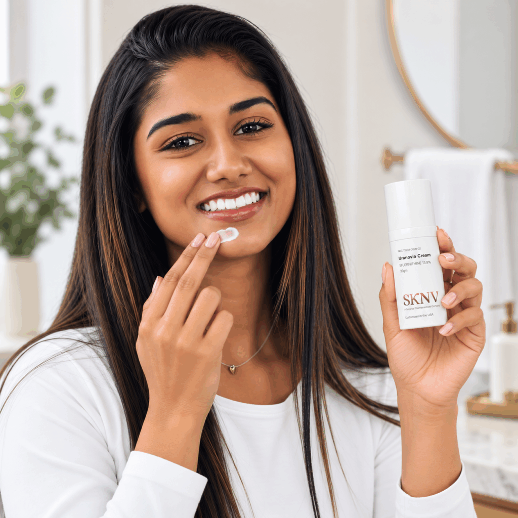 Woman applying Uranovia Cream eflornithine 13.9% to her face to slow unwanted facial hair growth from PCOS-related hirsutism