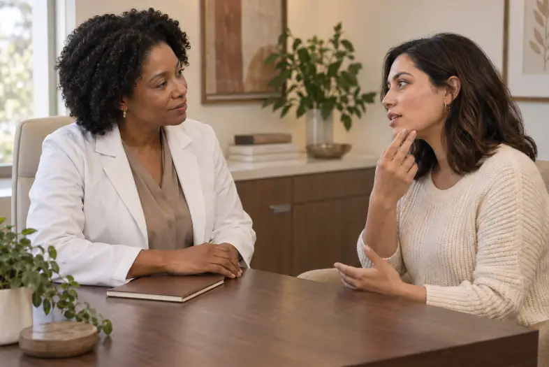 Dermatology provider discussing Uranovia eflornithine cream with a female patient during a consultation