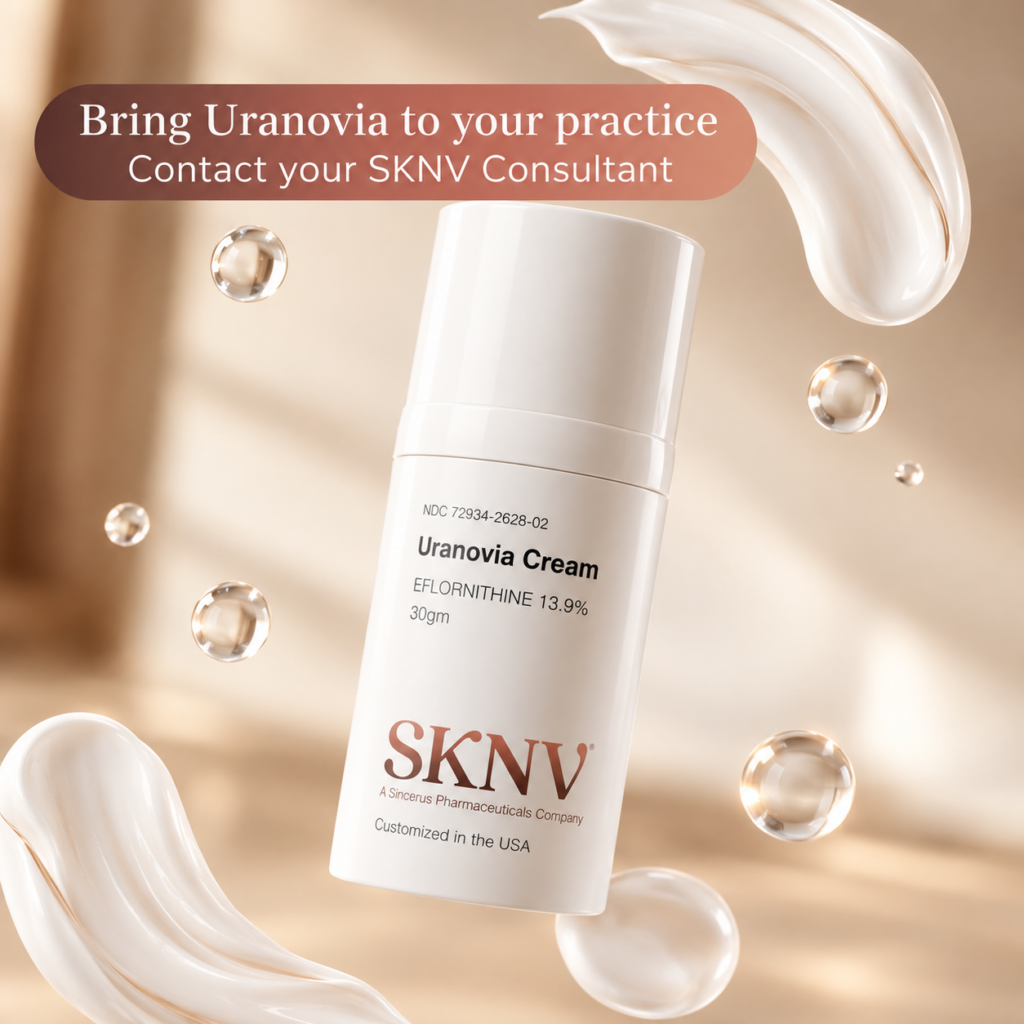 SKNV Uranovia Cream eflornithine 13.9% 30gm bottle floating among cream swirls and droplets, with text: Bring Uranovia to your practice. Contact your SKNV Consultant.
