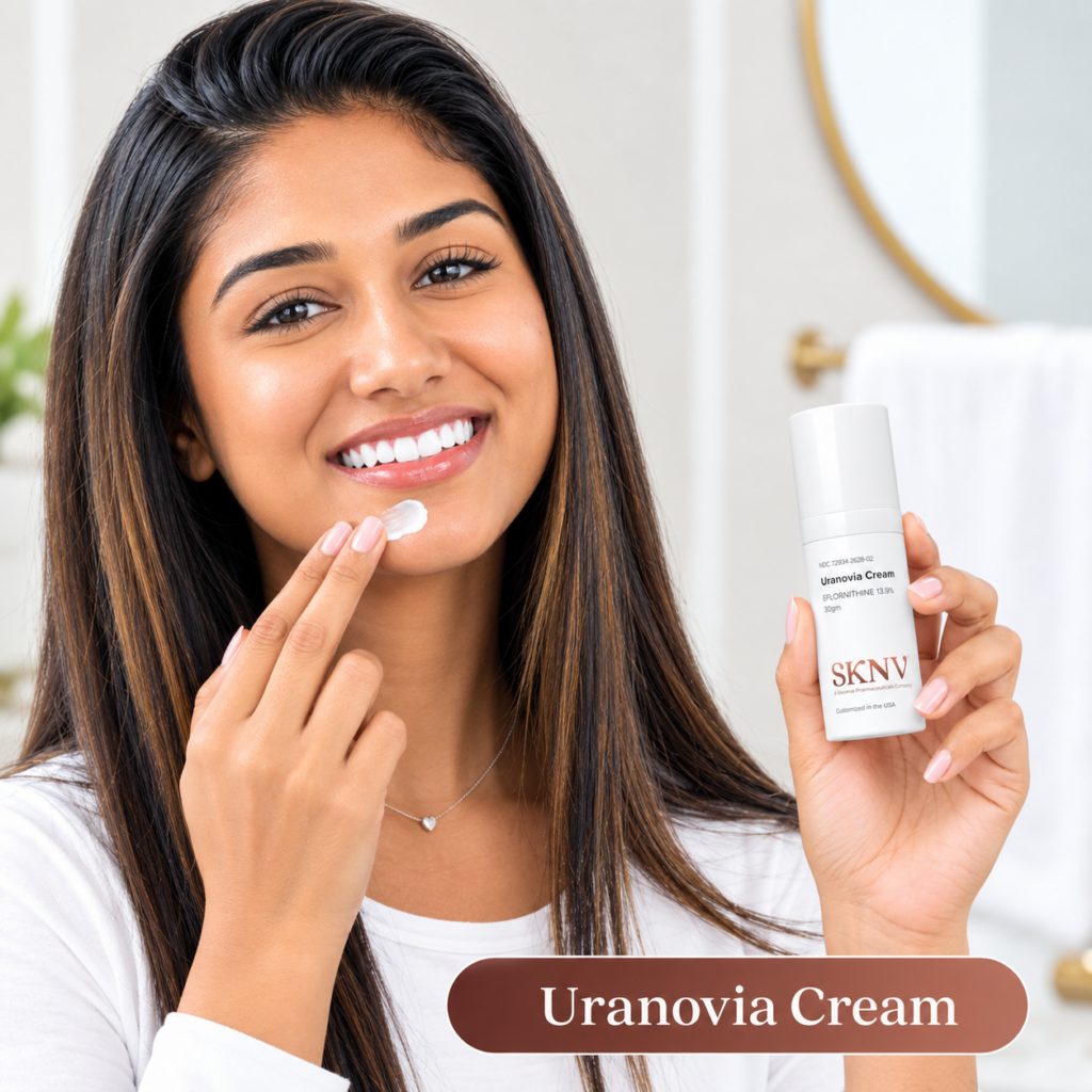 Smiling woman applying a small amount of Uranovia Cream to her chin while holding the SKNV bottle in a bright bathroom, with text: Uranovia Cream