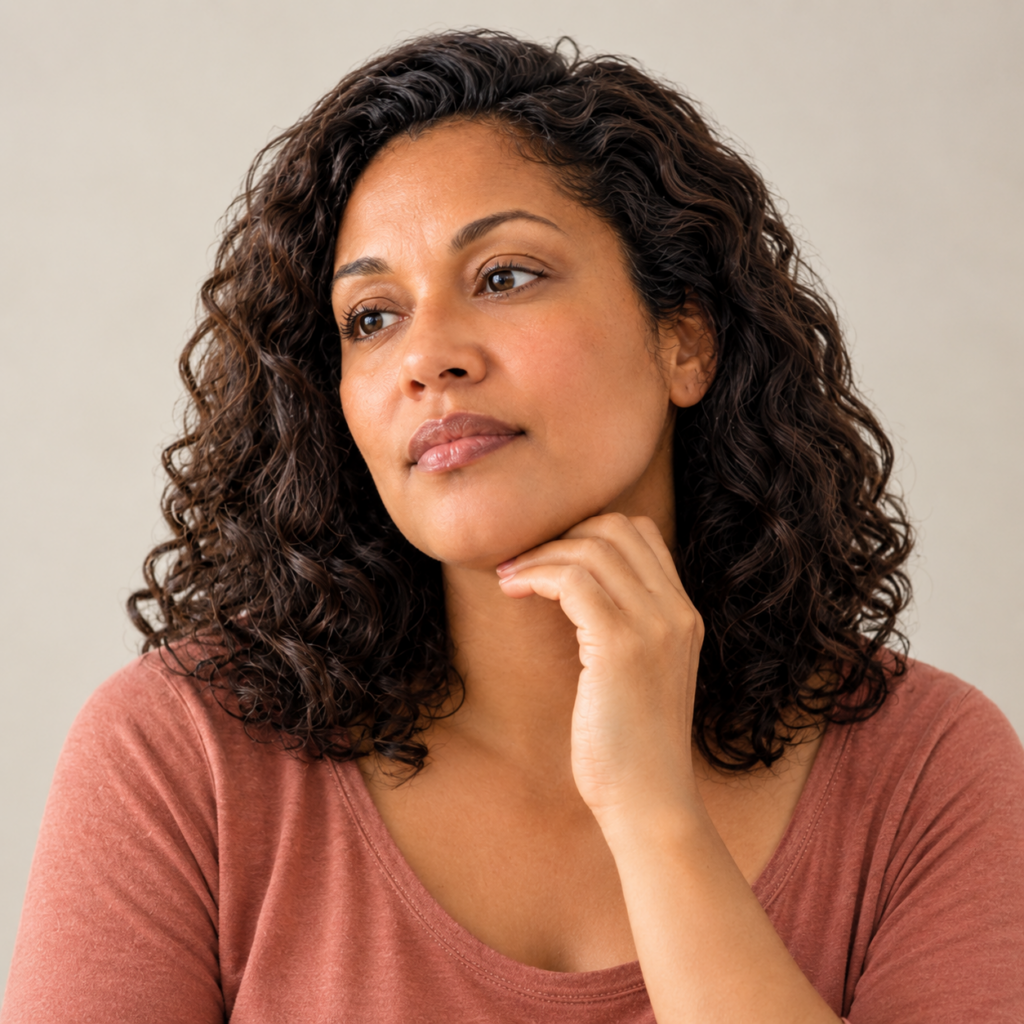 Woman with curly dark hair and a rust-colored top resting her chin on her hand, looking thoughtfully to the side