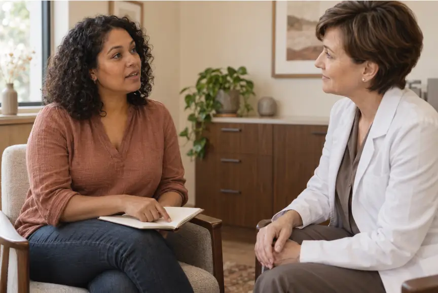 Woman holding a notebook talking with a healthcare provider in a white coat during a calm office consultation