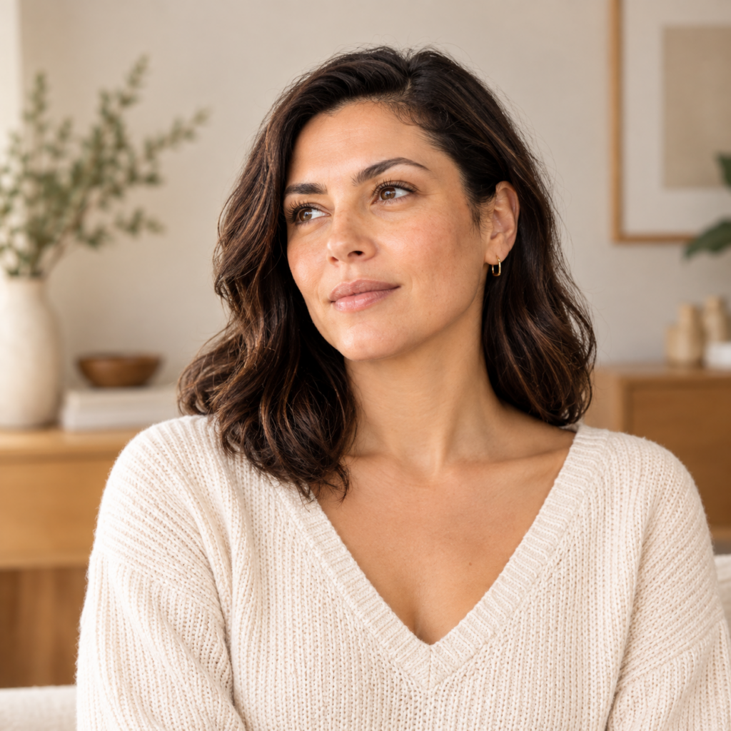 Woman with dark wavy hair in a cream knit sweater smiling softly in a bright, calm living room