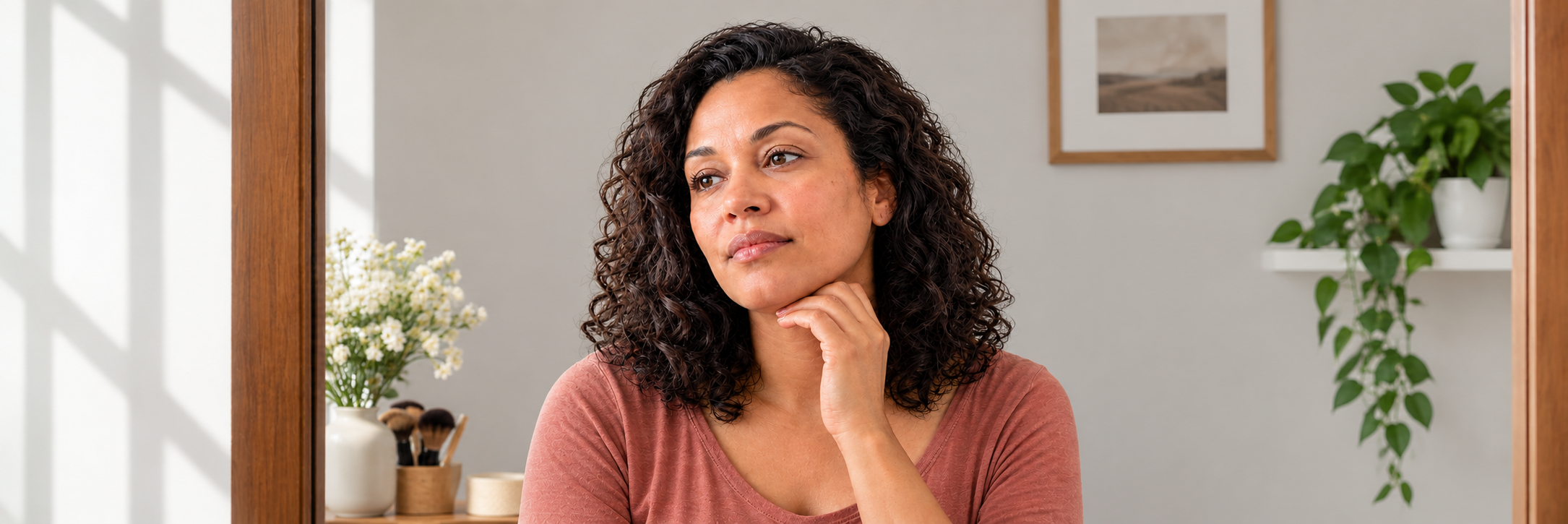 Thoughtful woman with curly dark hair resting her chin on her hand in a softly lit, calm room